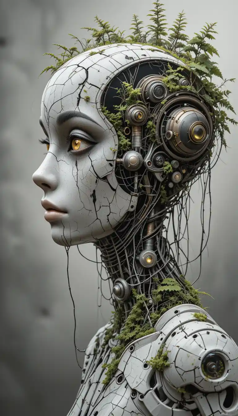 Surreal biomechanical android woman head fused with lush forest