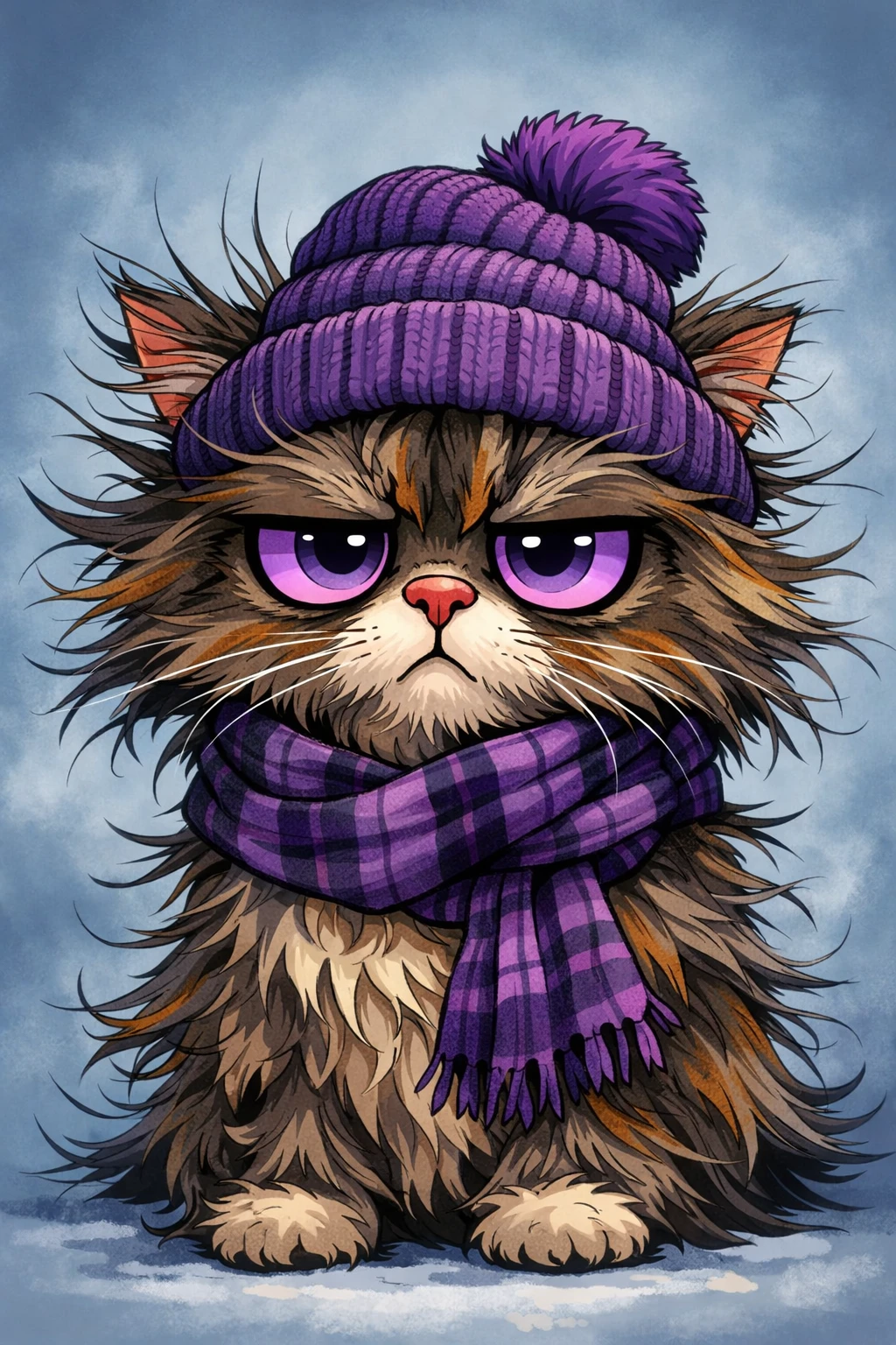 Fluffy Grumpy Cat In Purple Beanie And Plaid Scarf