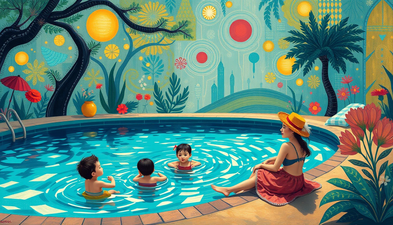 Réunion de famille féerique au bord d’une piscine extérieure lumineuse