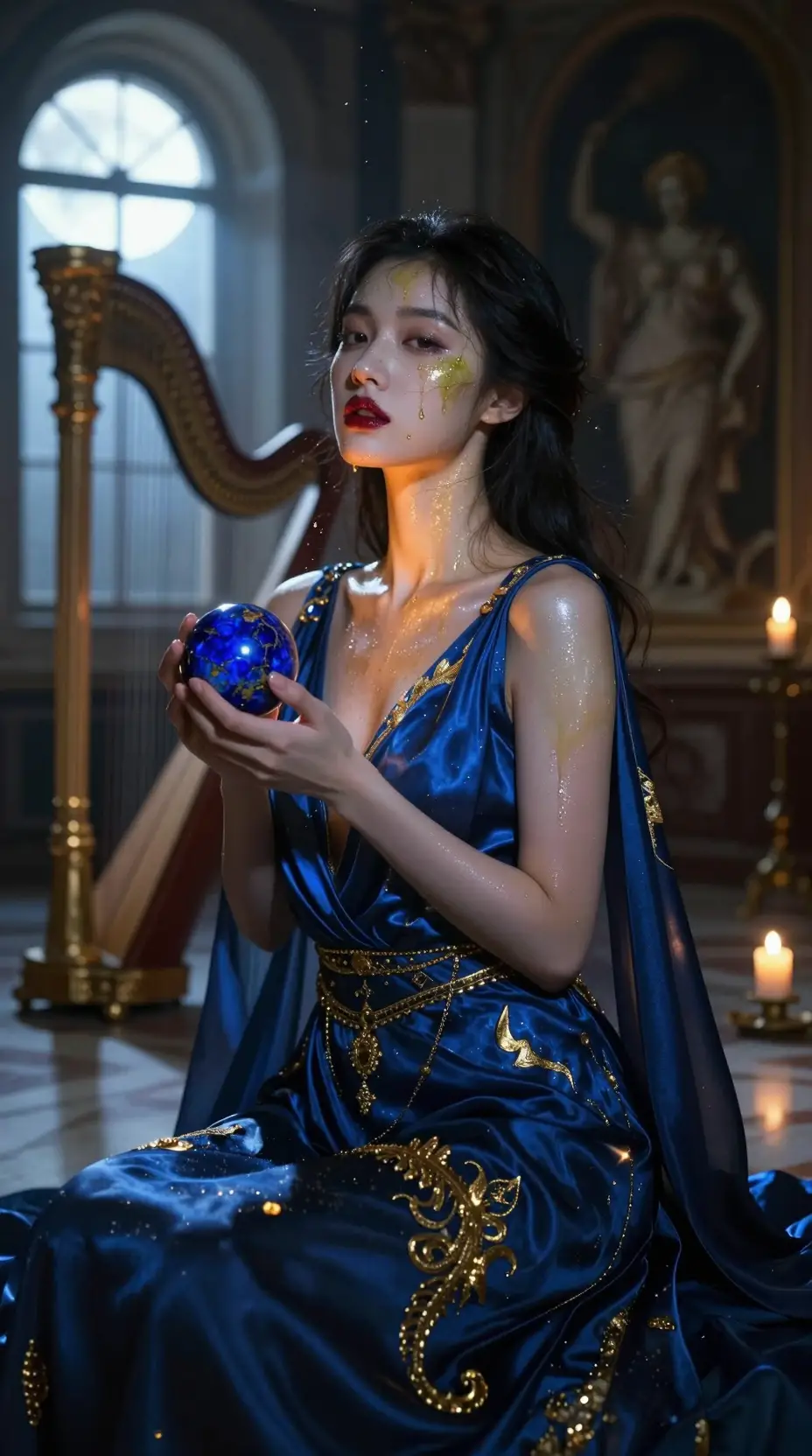 Japanese woman in sapphire gown under candlelight and moonlight