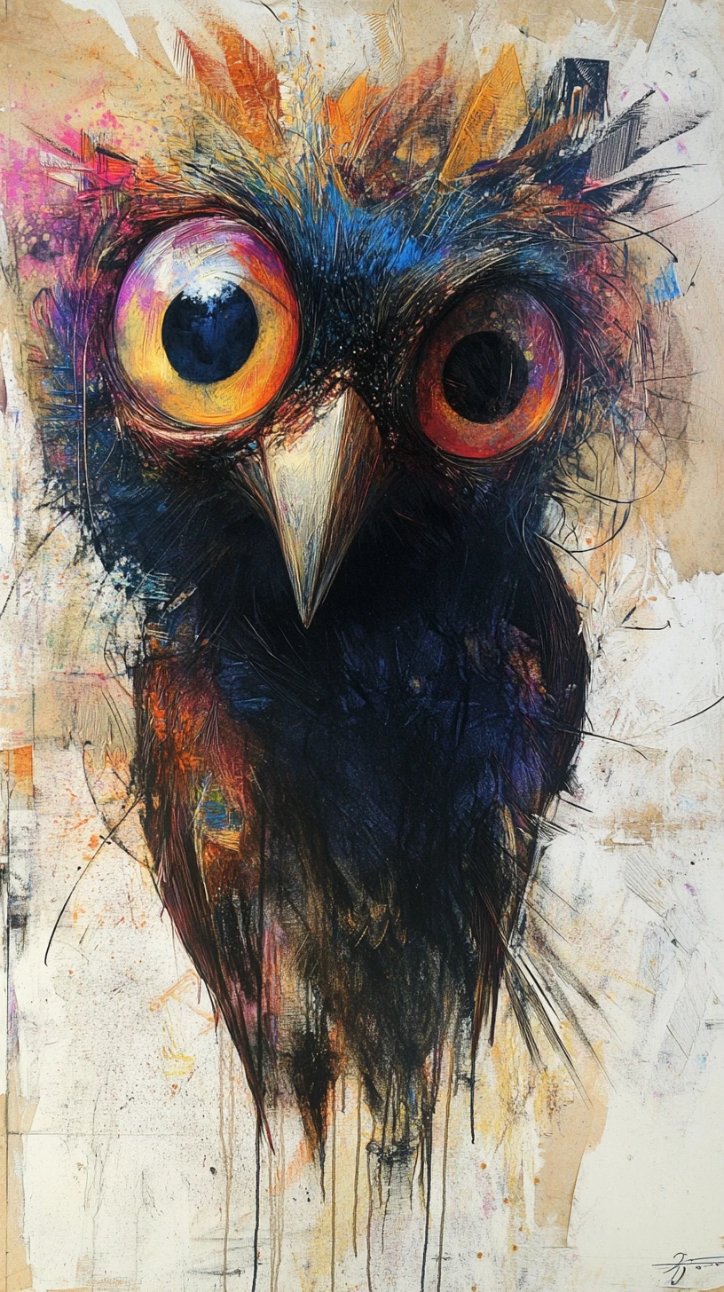 Pássaro abstrato de olhos grandes em ilusão colorida e ousada
