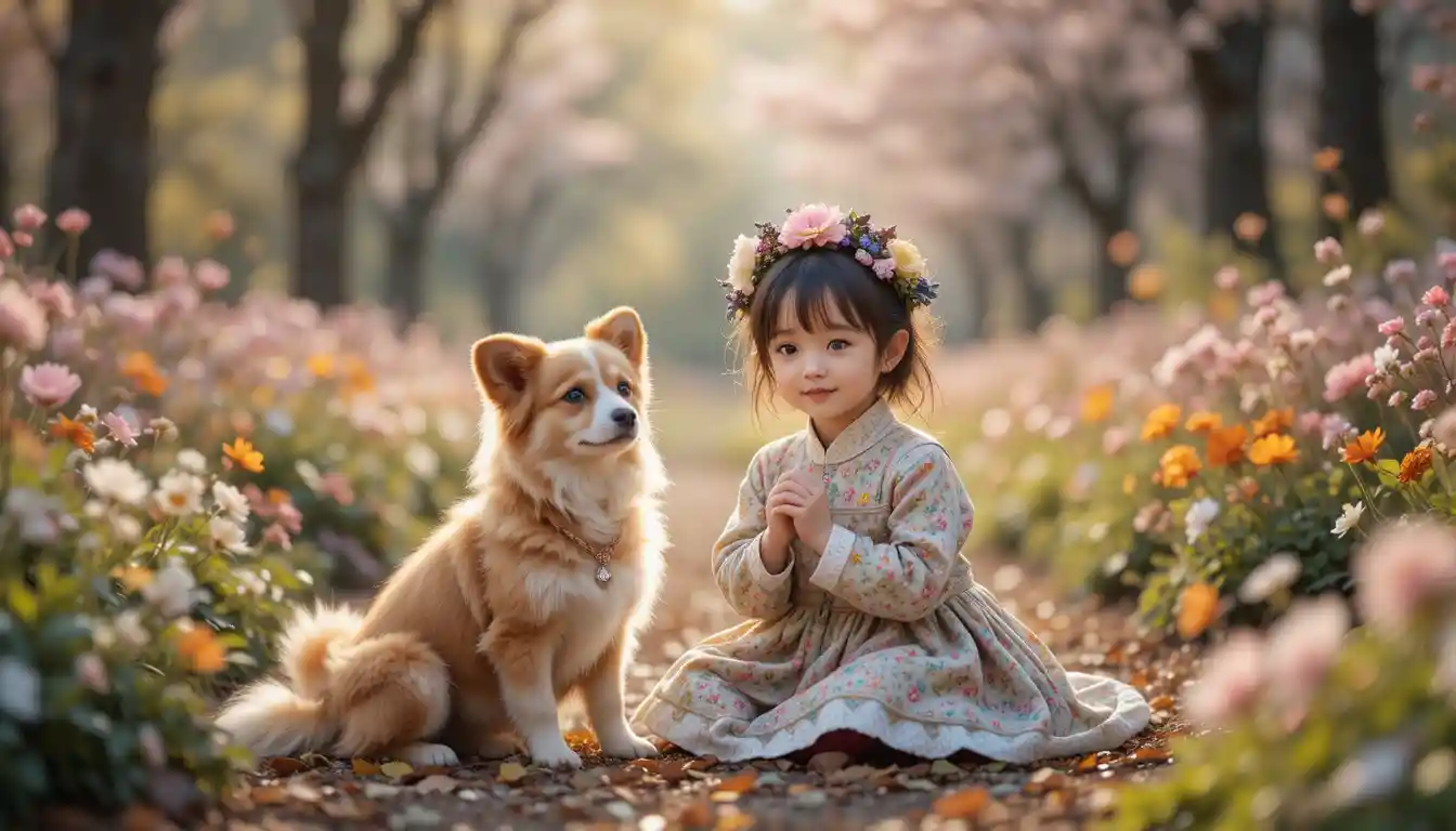 Cute girl and dog in a cozy floral national park scene