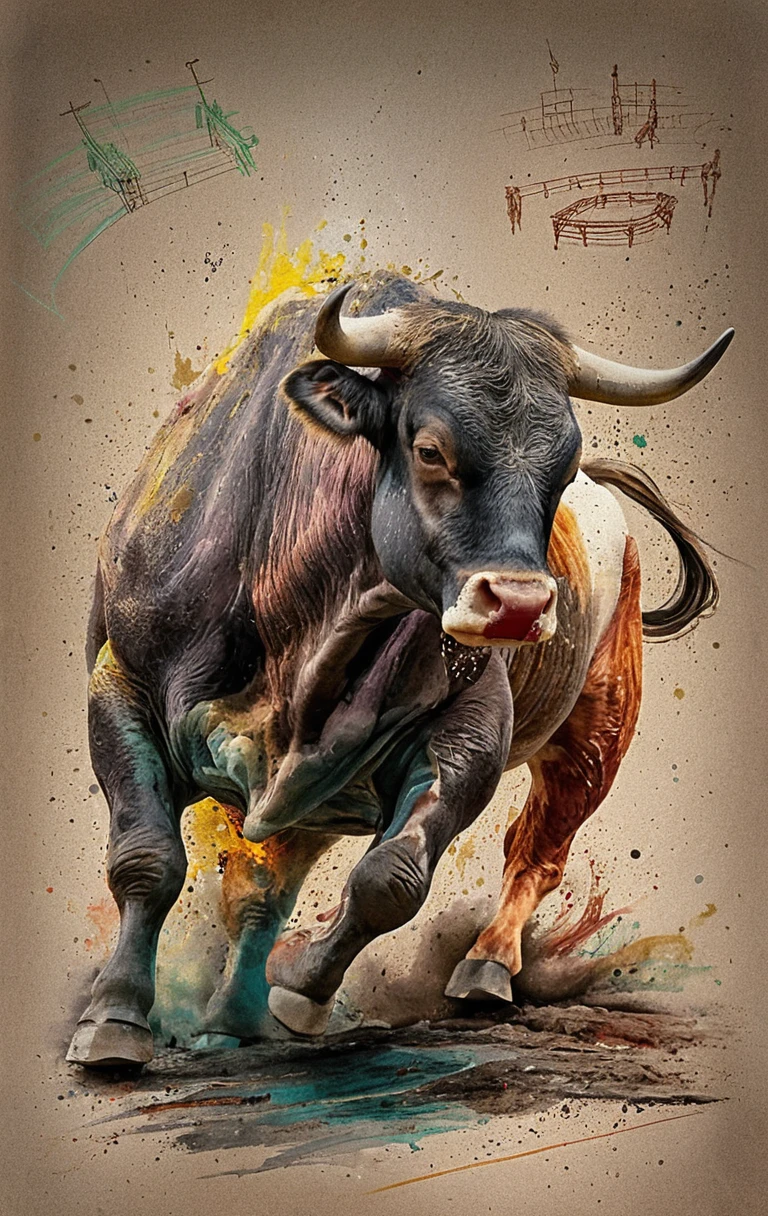 衝鋒中的西班牙公牛戲劇性混合媒材插畫