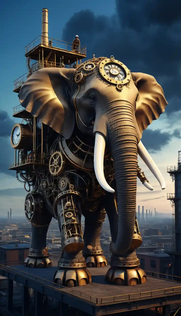 Gigantesco elefante mecánico steampunk bajo un cielo crepuscular