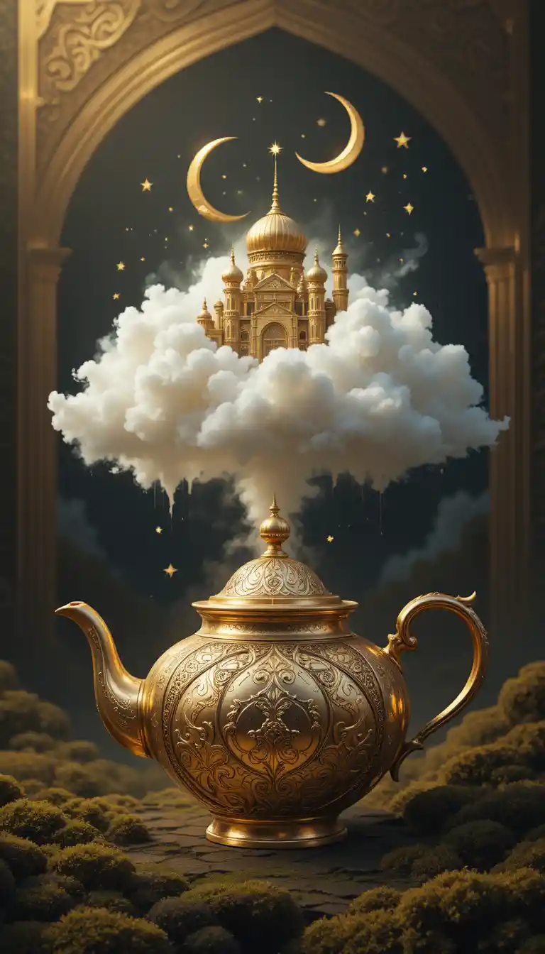 Golden teapot with floating cloud city under crescent moon