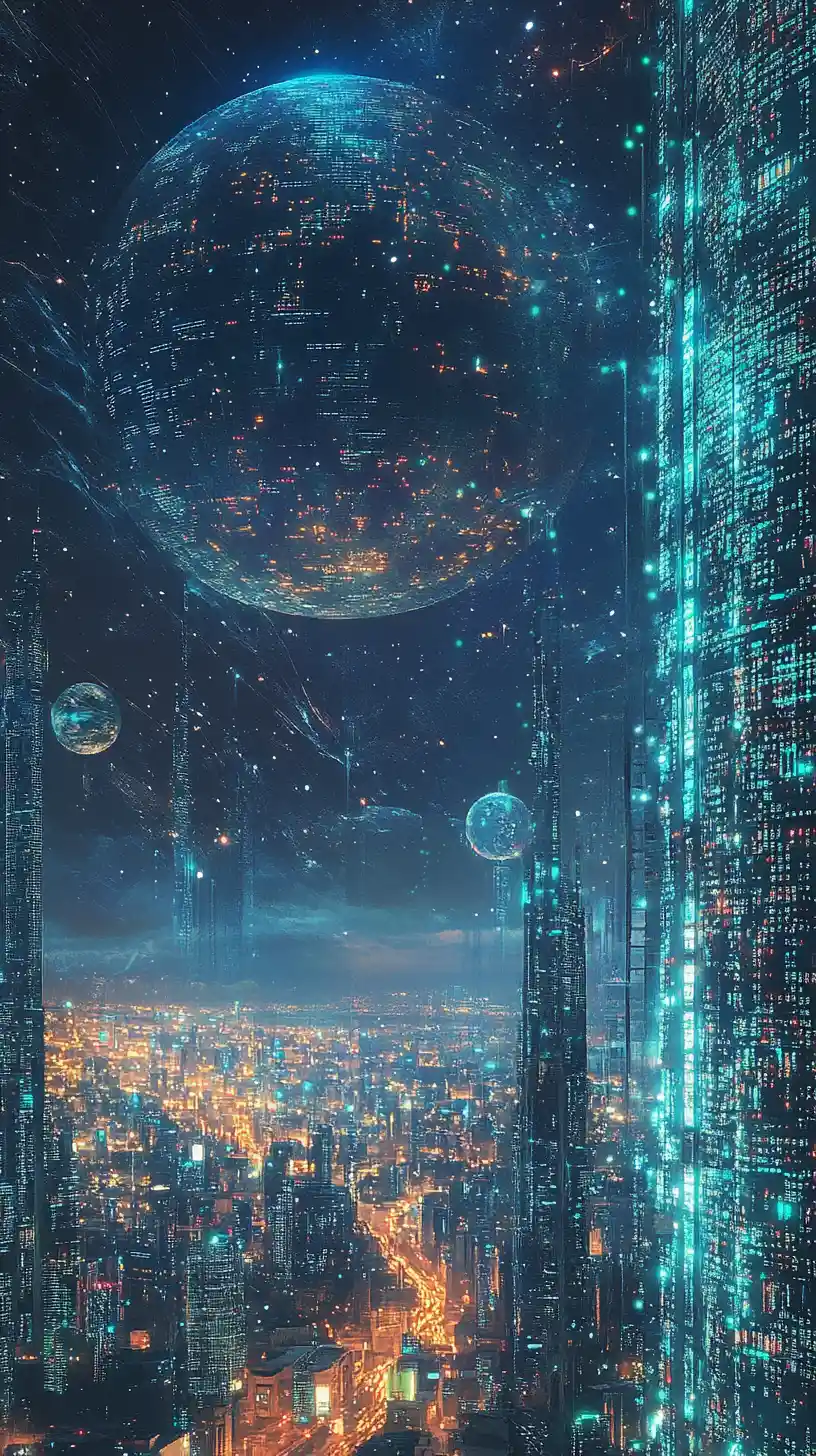 Futuristische Cyberpunk-Landschaft aus Datenströmen und Code