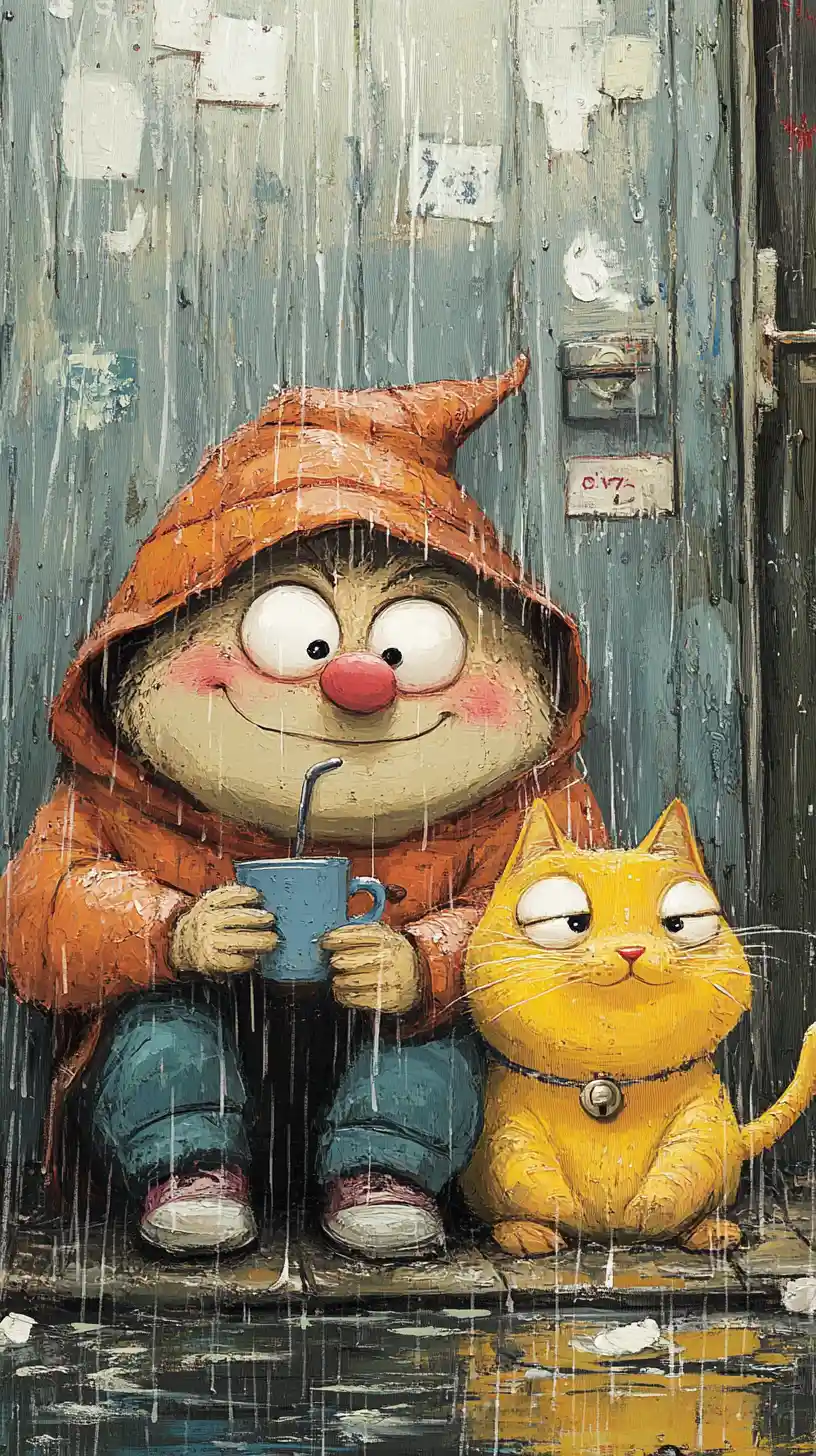 Man And Cat Huddled Under Rain In Playful Illustration