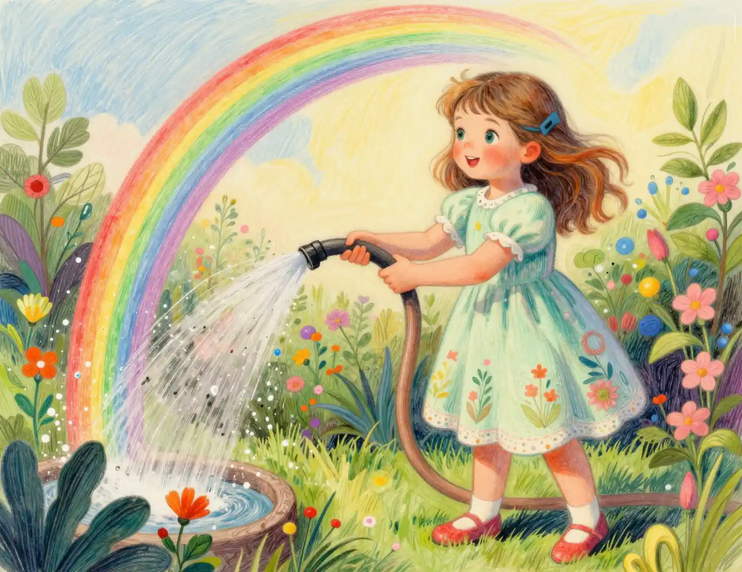 Young girl watering a colorful garden under sunlight