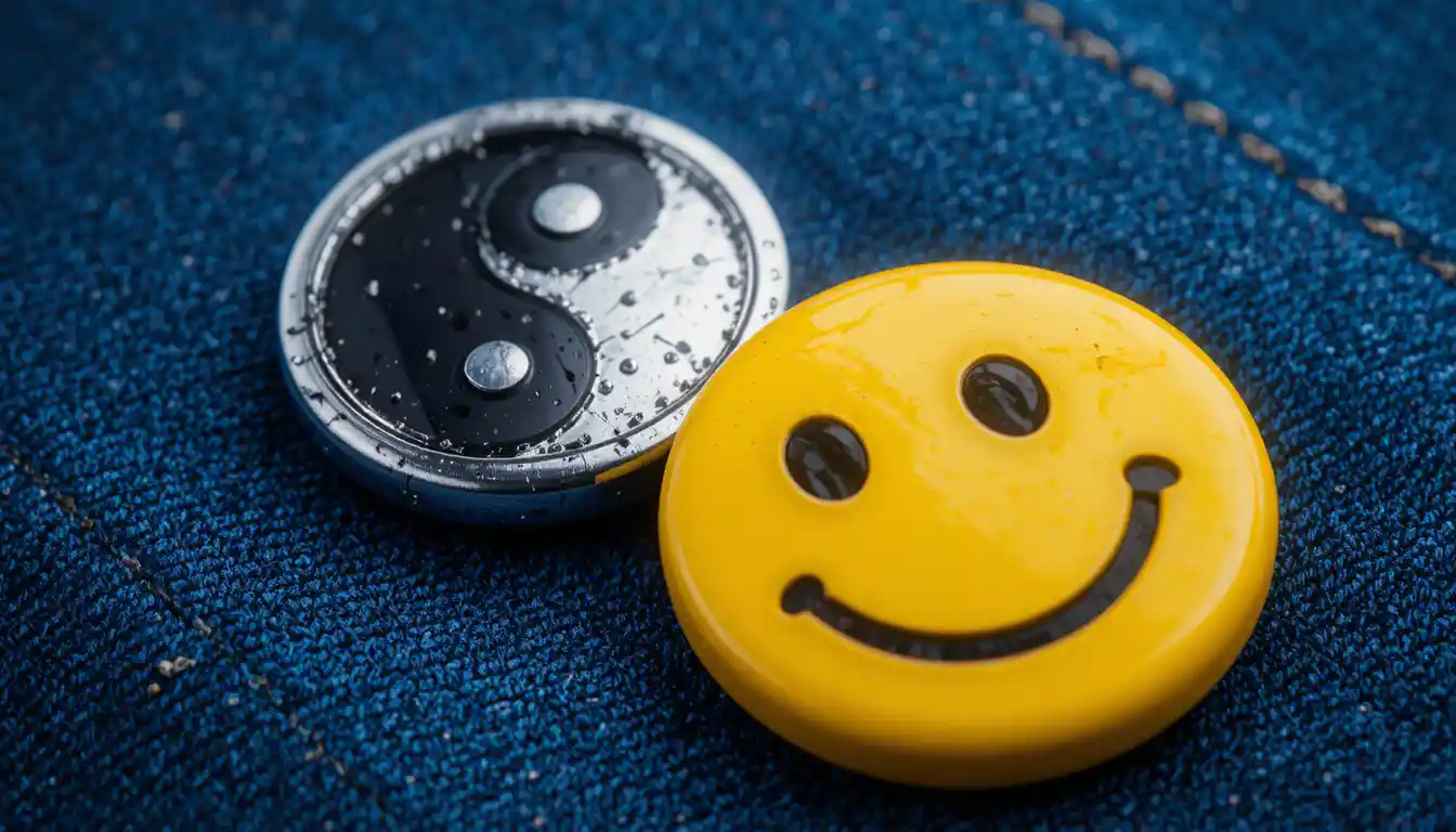 Bottoni yin yang argento e smile giallo su denim