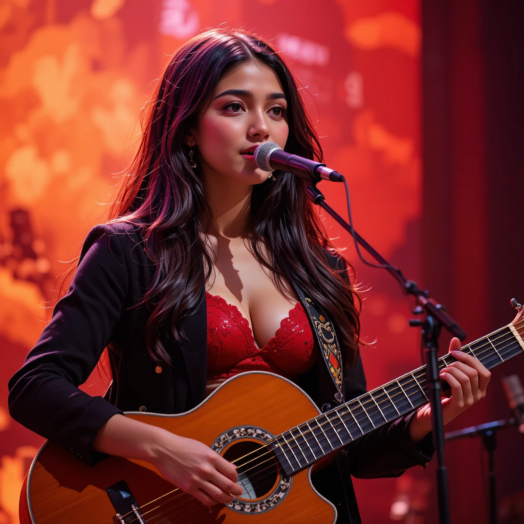 Young Indian singer performing on stage with guitar