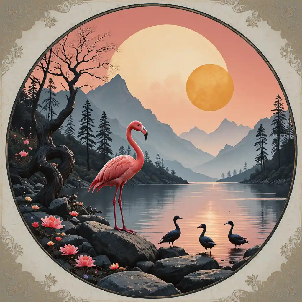 Flamingo cor-de-rosa em um lago de montanha tranquilo ao pôr do sol