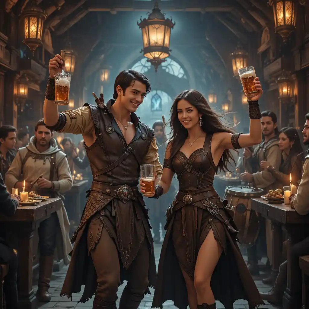 Tanzendes Paar feiert in einer kerzenbeleuchteten Fantasy-Taverne
