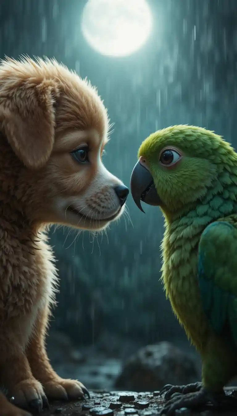 Puppy And Green Parrot In Emotional Moonlit Close Up