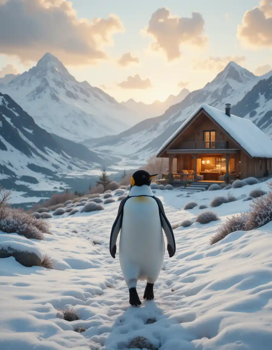 Pingüino caminando hacia una casa cálida en montañas nevadas