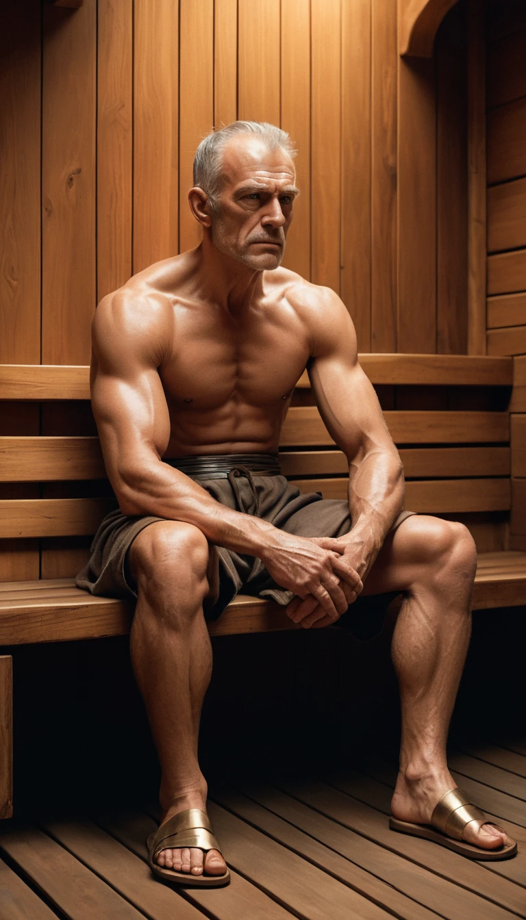 Contemplative warrior resting in a warm wooden sauna