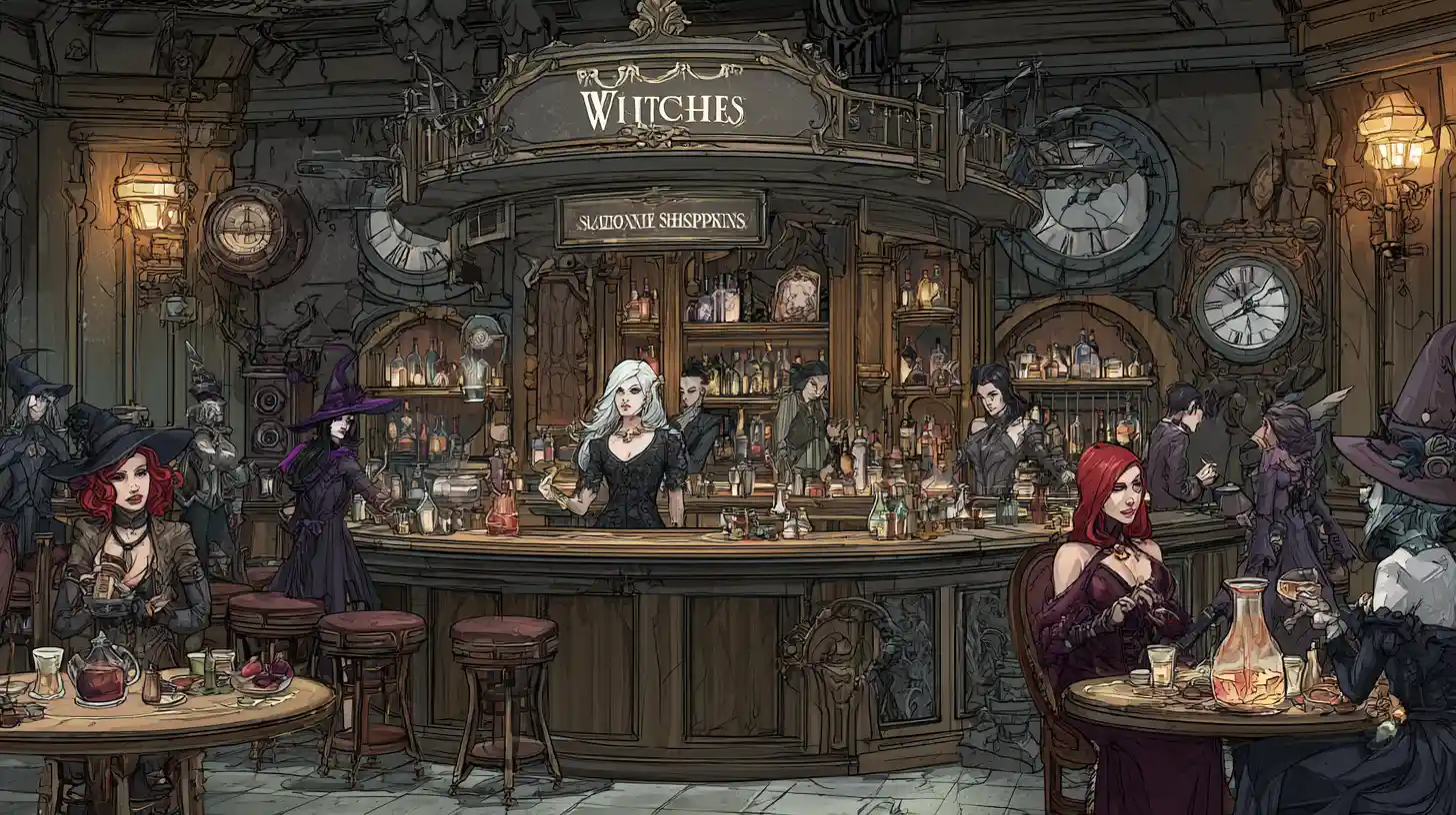 にぎやかなファンタジーバーのスチームパンク魔女バーテンダー