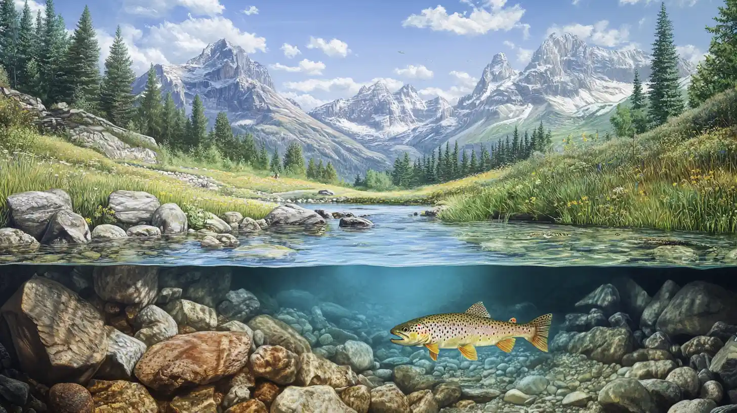 Trout Rising In Clear Mountain Stream With Valley Landscape