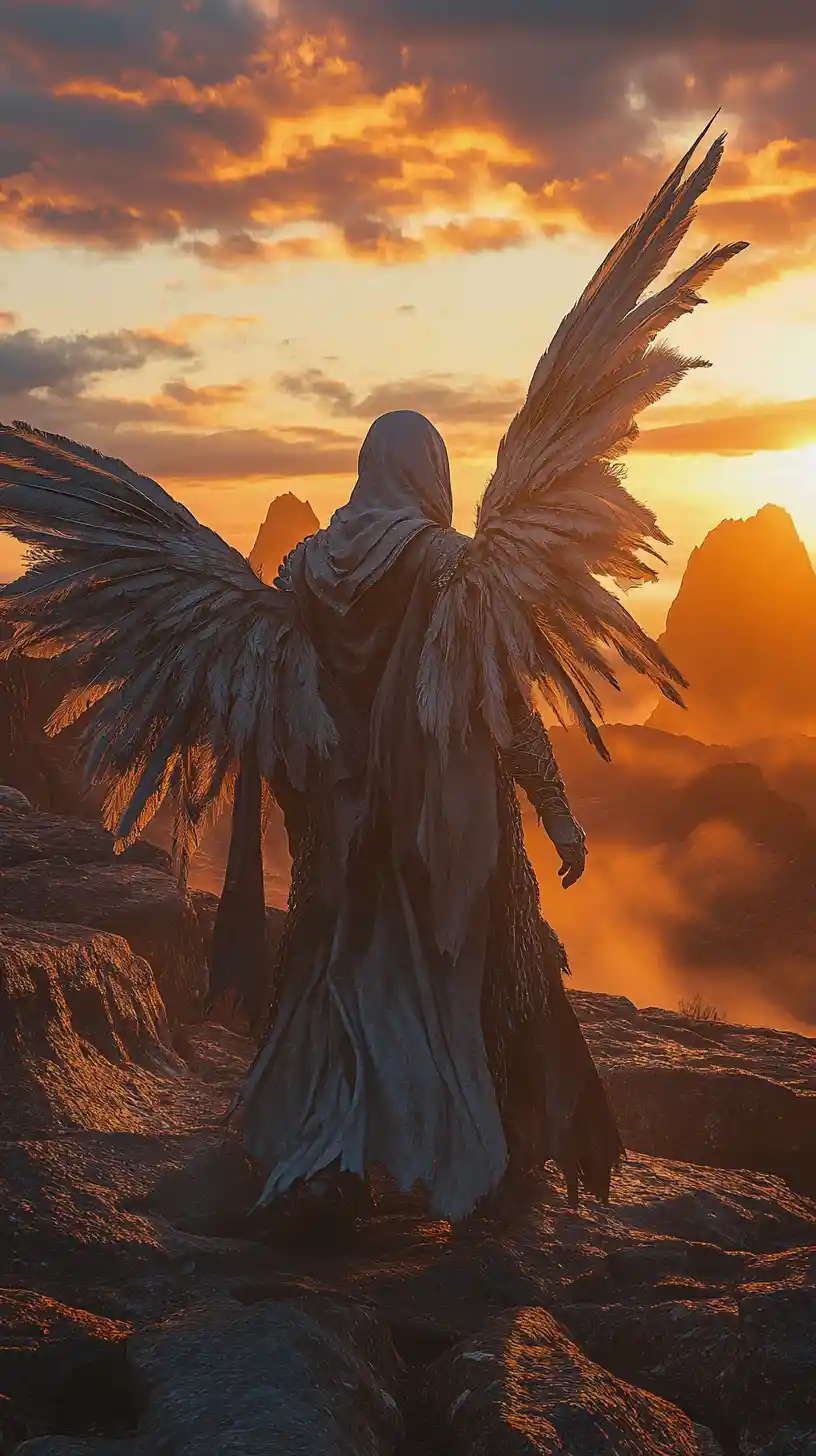 Anjo Encapuçado Monumental em Duna Rochosa ao Pôr do Sol