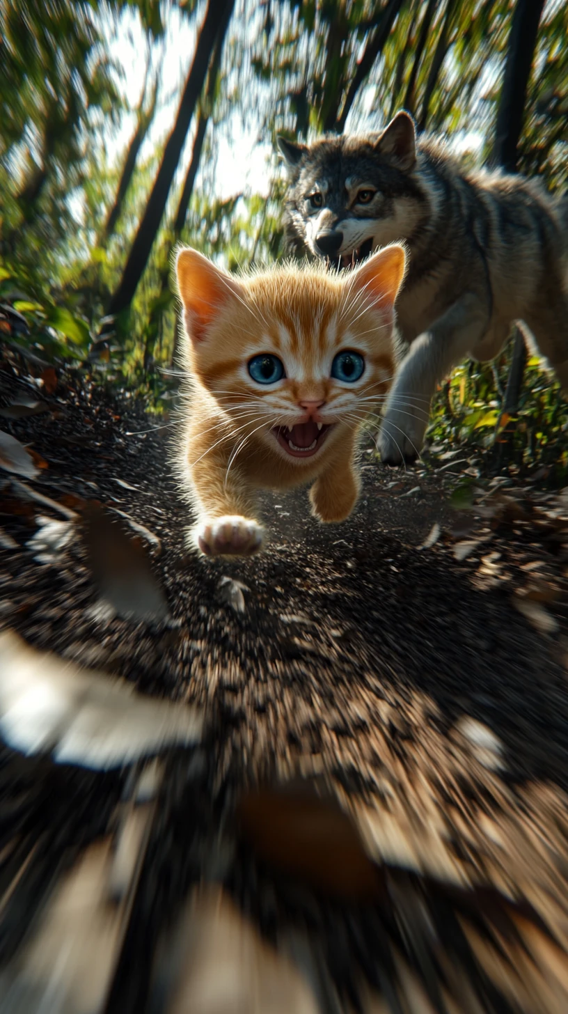 小さな3D子猫が森の小道をパニックで全力疾走
