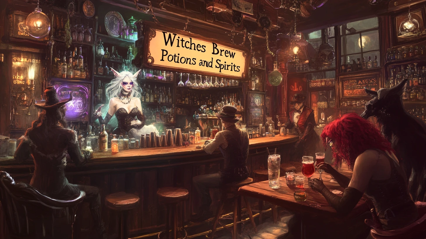 魔幻奇幻酒吧中的蒸汽龐克白魔女調酒師