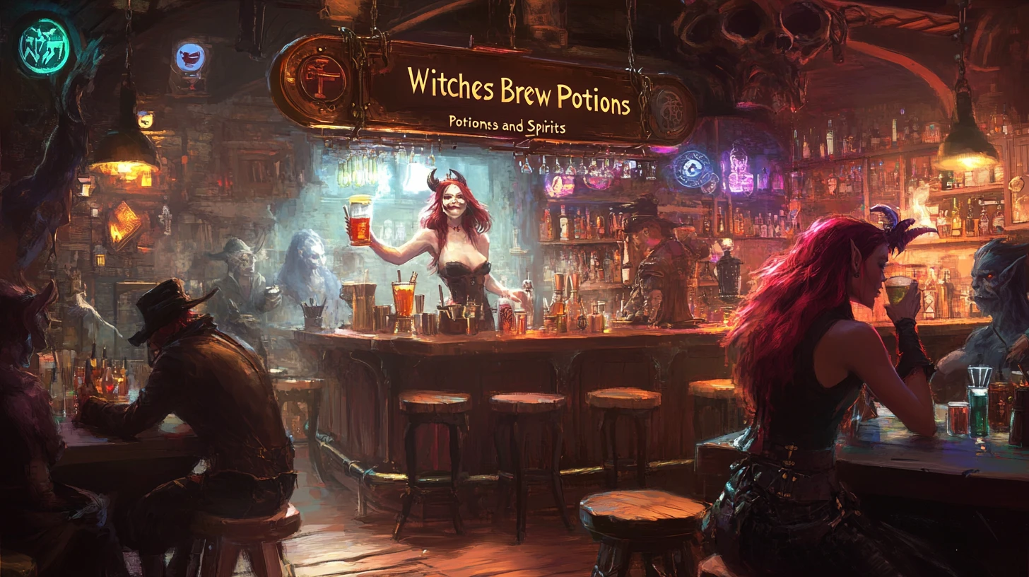 Bartender bruxa steampunk em um bar de fantasia mágico