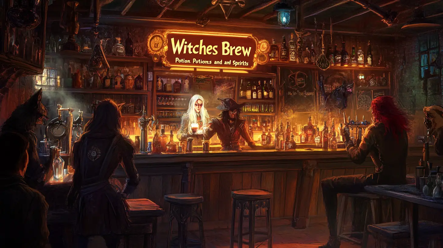 Bruxa bartender steampunk em um bar de fantasia mágica