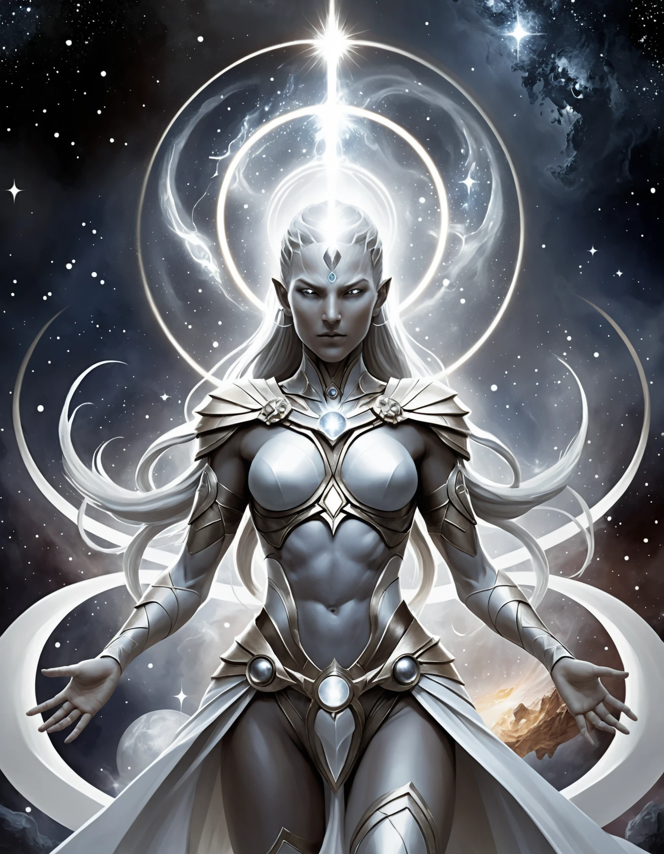 Figura astrale femminile che canalizza energie cosmiche primordiali
