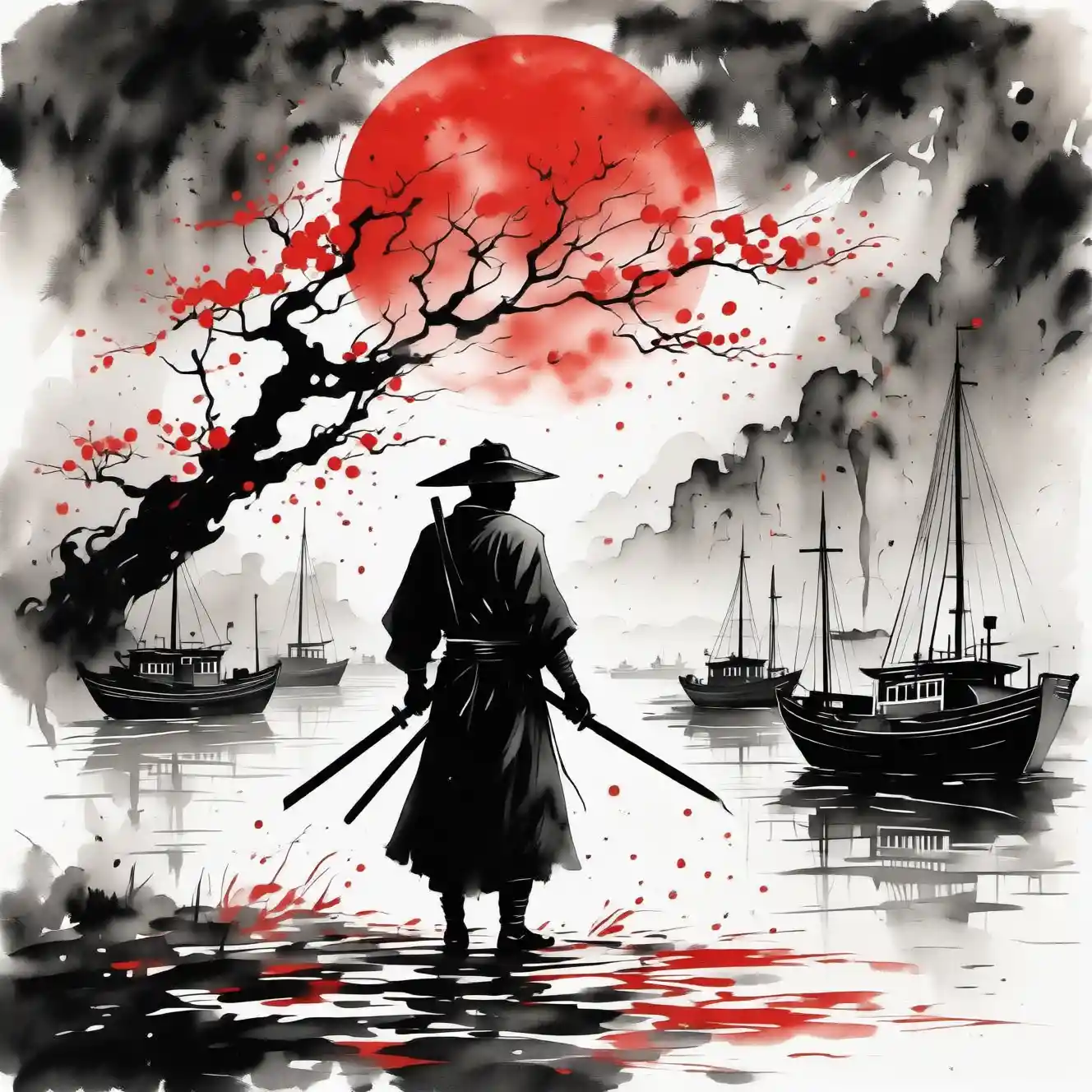 夕暮れの墨絵の水面を歩く侍のシルエット