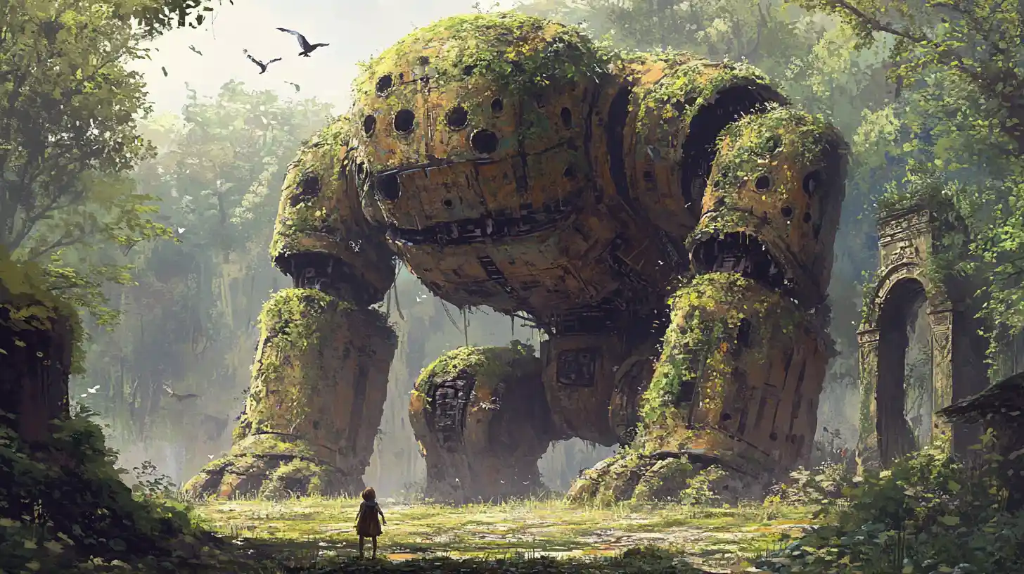 Uralte, moosbedeckte Roboterstatue in einer magischen Waldlichtung