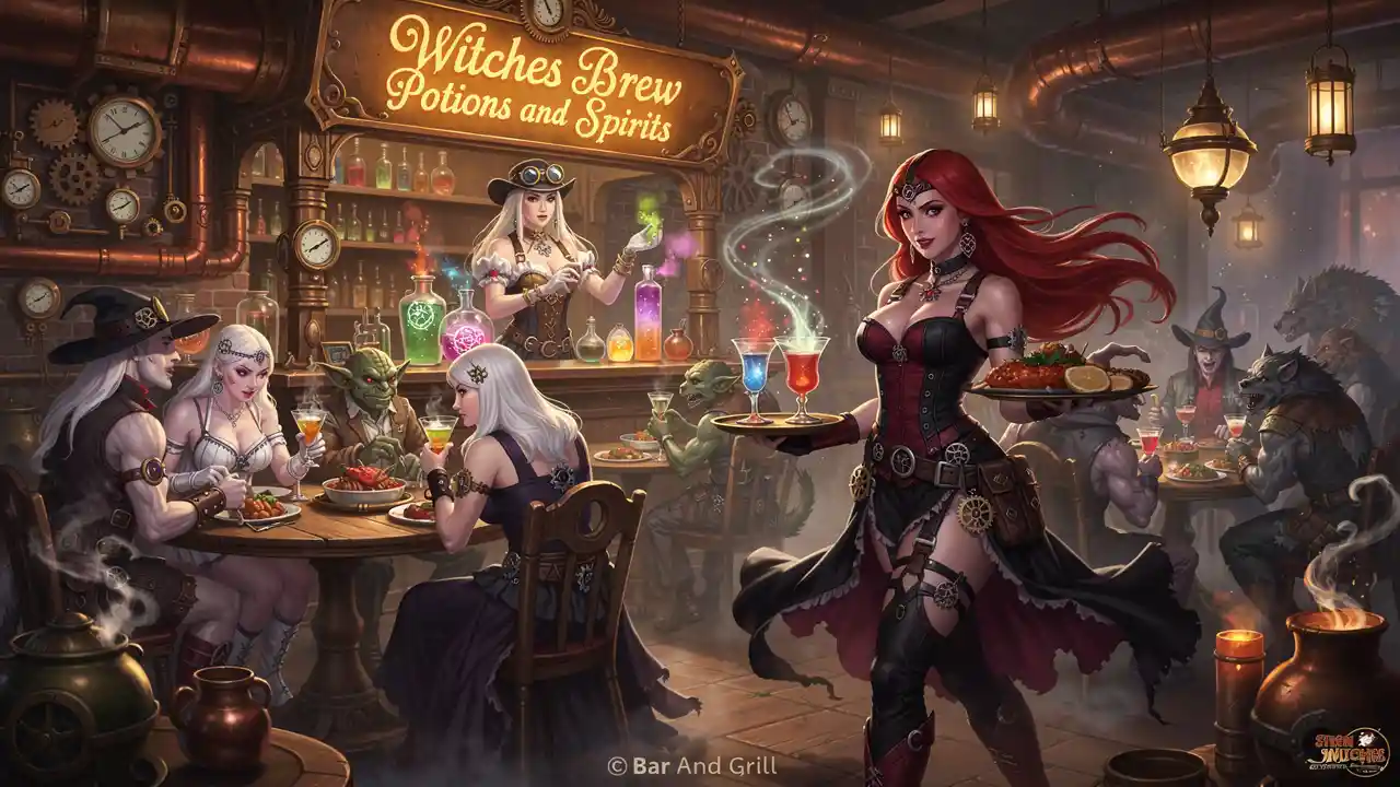 Steampunk white witch tending a busy fantasy bar