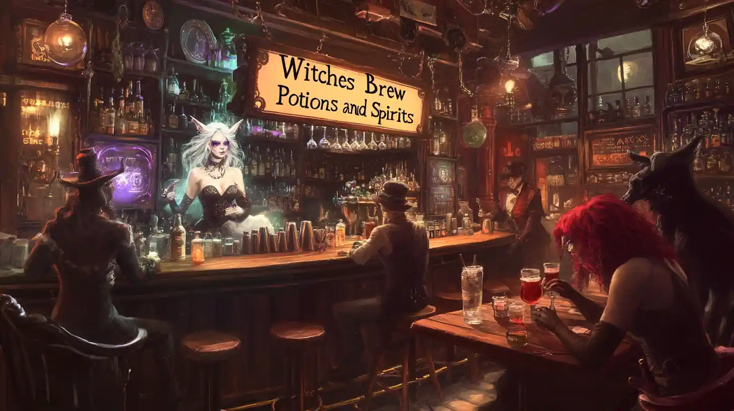 魔法ファンタジーバーのスチームパンク白い魔女バーテンダー