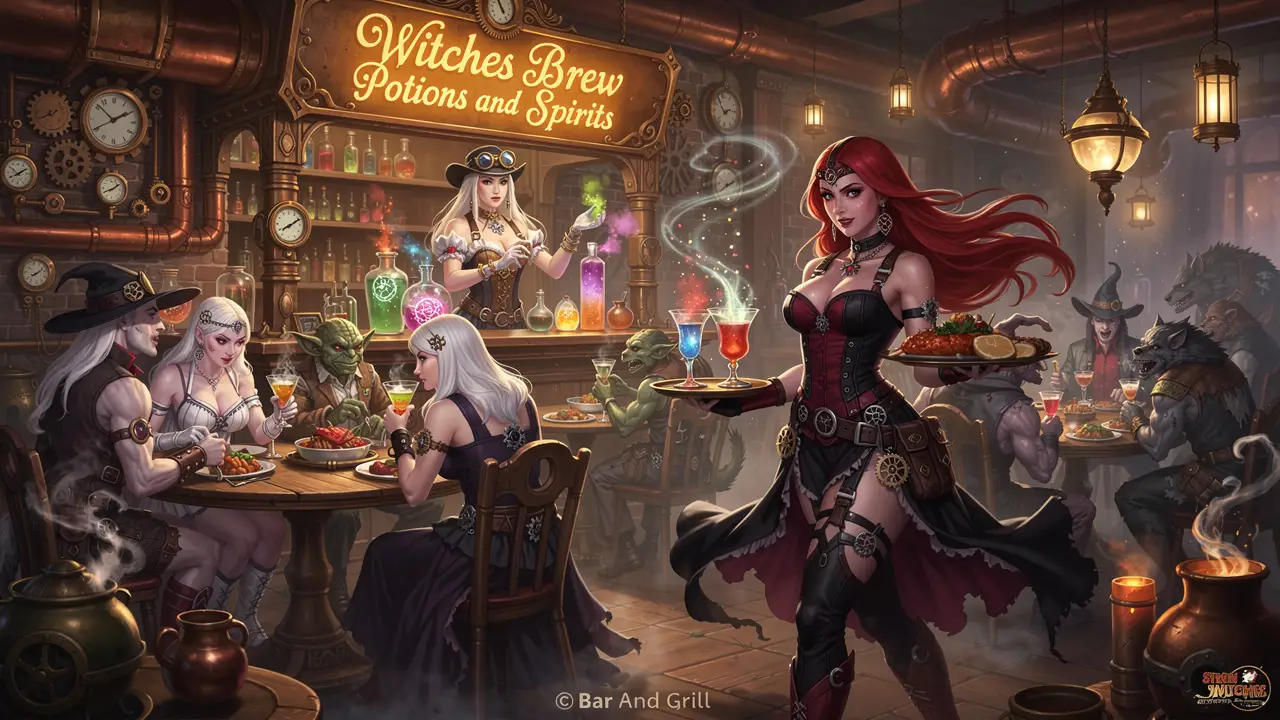 Bruxa branca steampunk atendendo um bar de fantasia movimentado