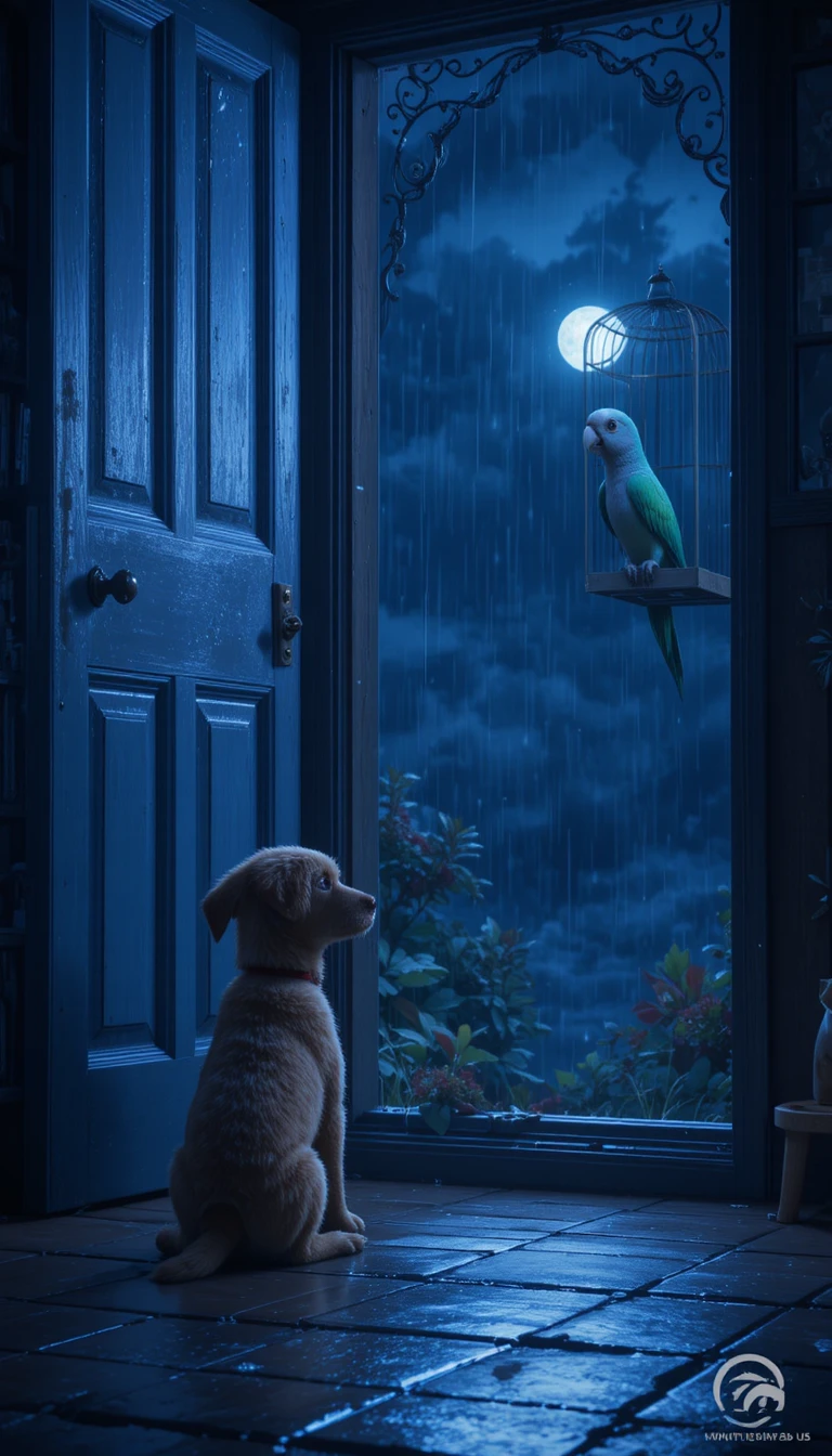 Cachorro solitario de noche mirando por la ventana a un loro enjaulado