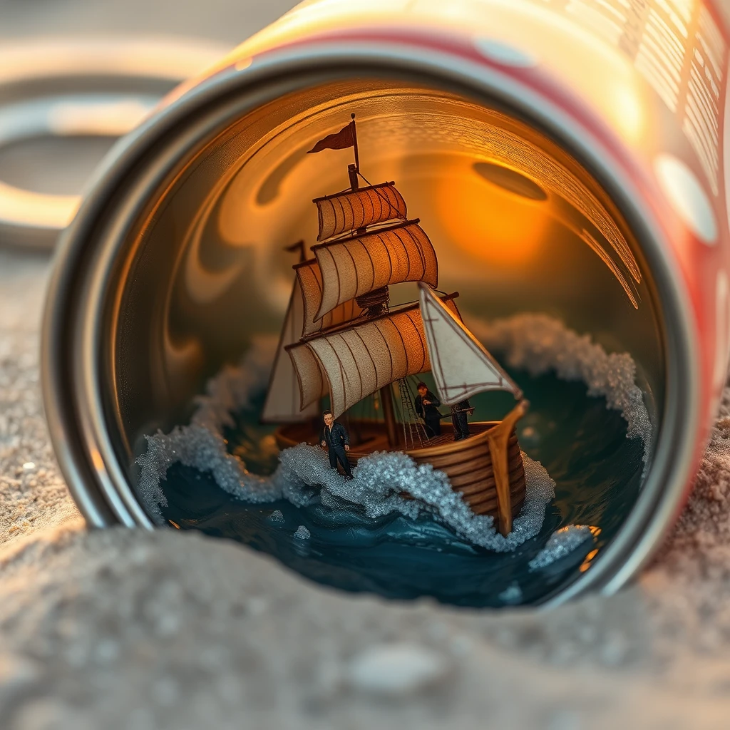 Miniature de navire dans une canette de soda vintage sur une plage de sable