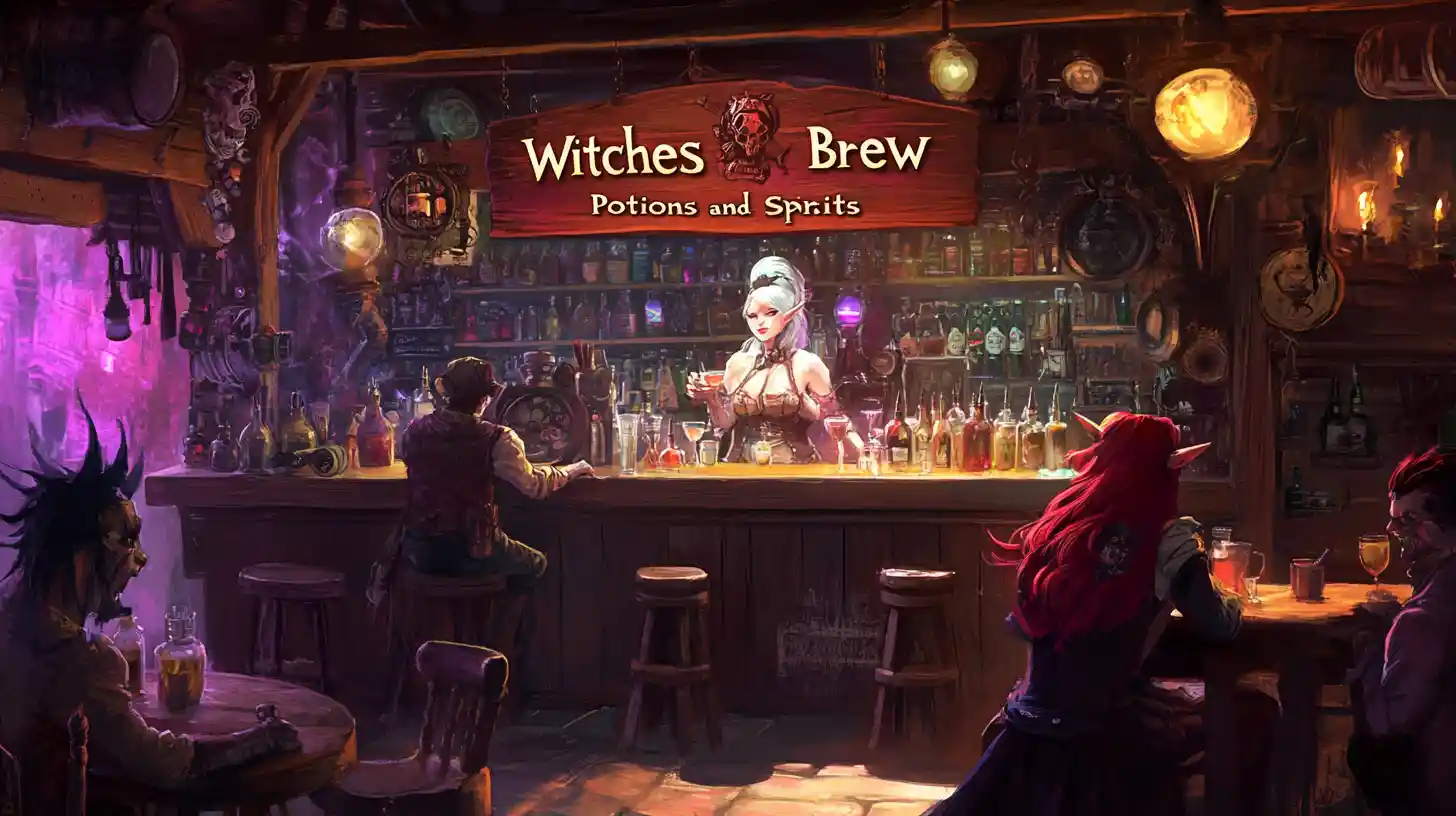 Steampunk-Hexen-Barkeeperin in einer magischen Fantasy-Bar