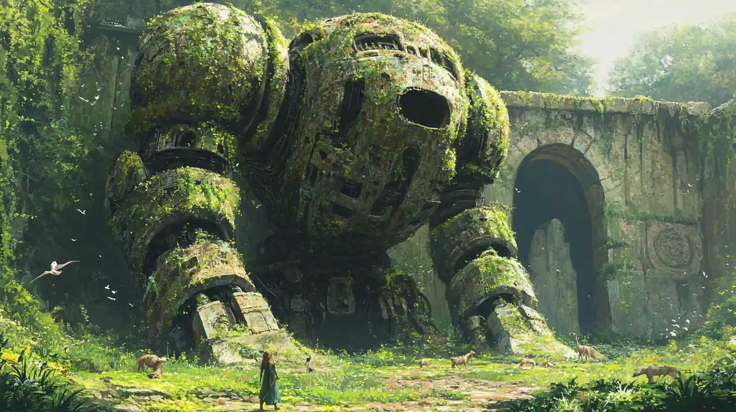 Riesige moosbedeckte Roboterstatue in einer uralten Waldlichtung
