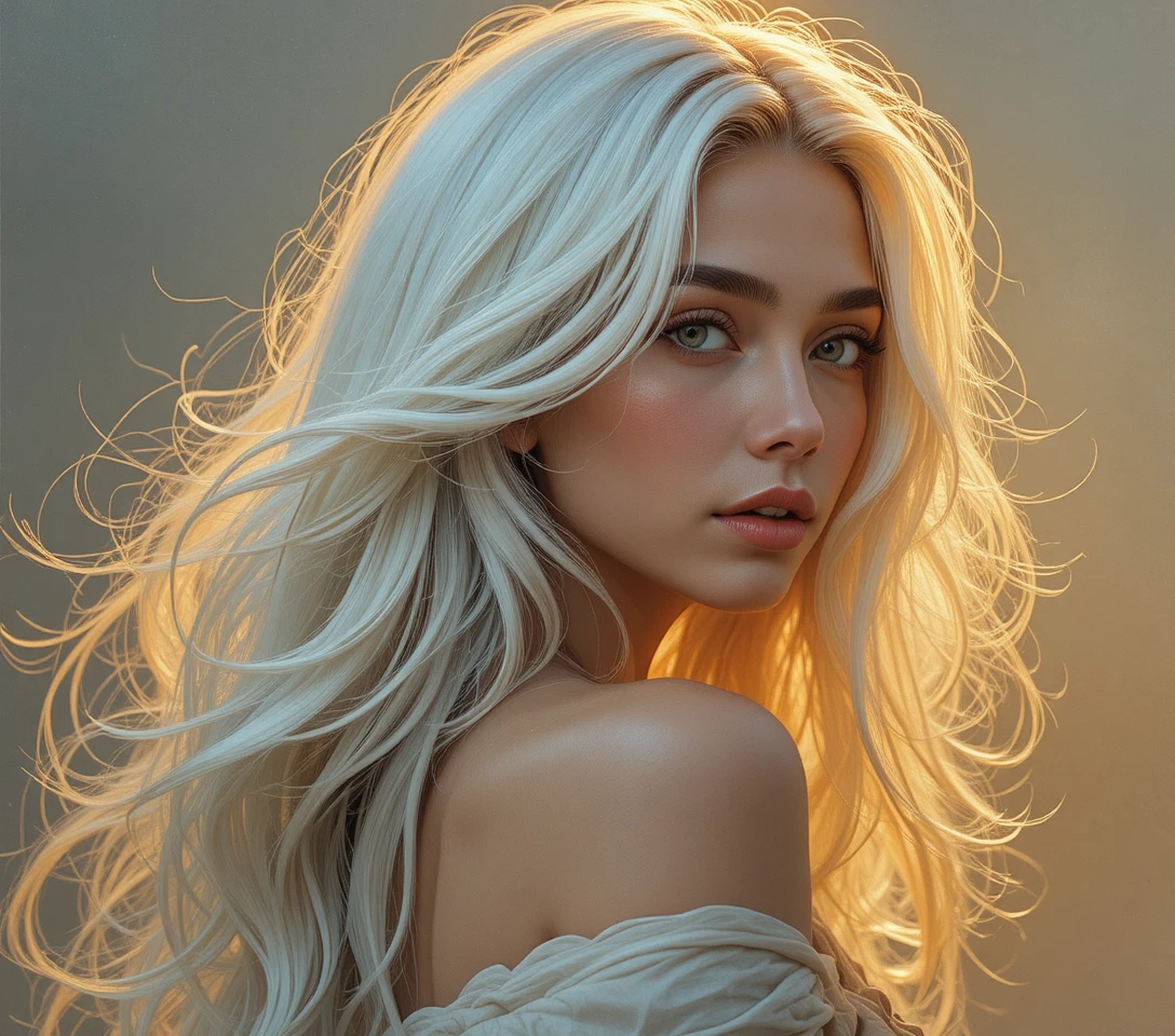 Fantasy portrait of a platinum haired woman in warm light