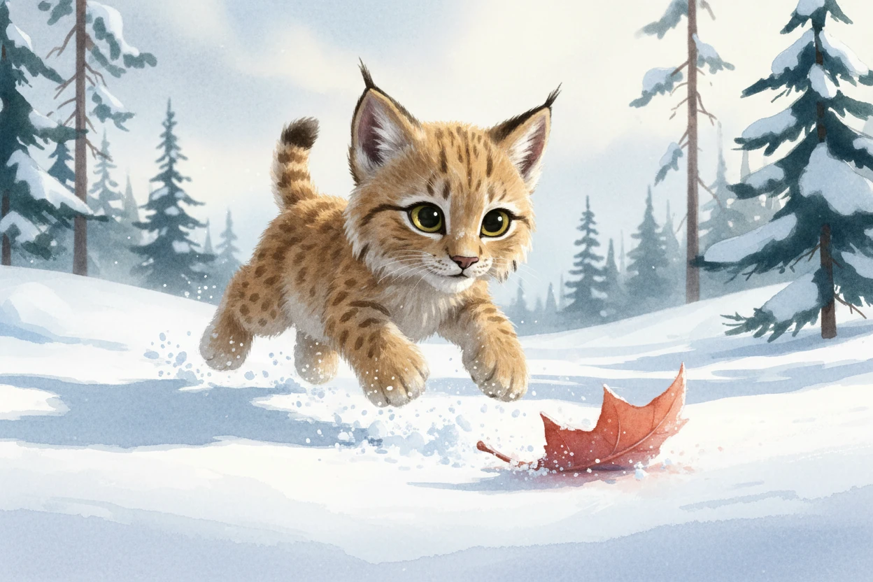 Filhote de lince em aquarela saltando sobre uma folha em floresta nevada