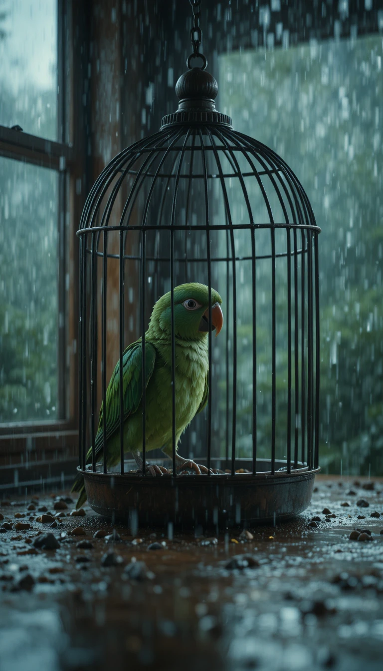 Perroquet vert sortant d’une cage ouverte près d’une fenêtre sous la pluie