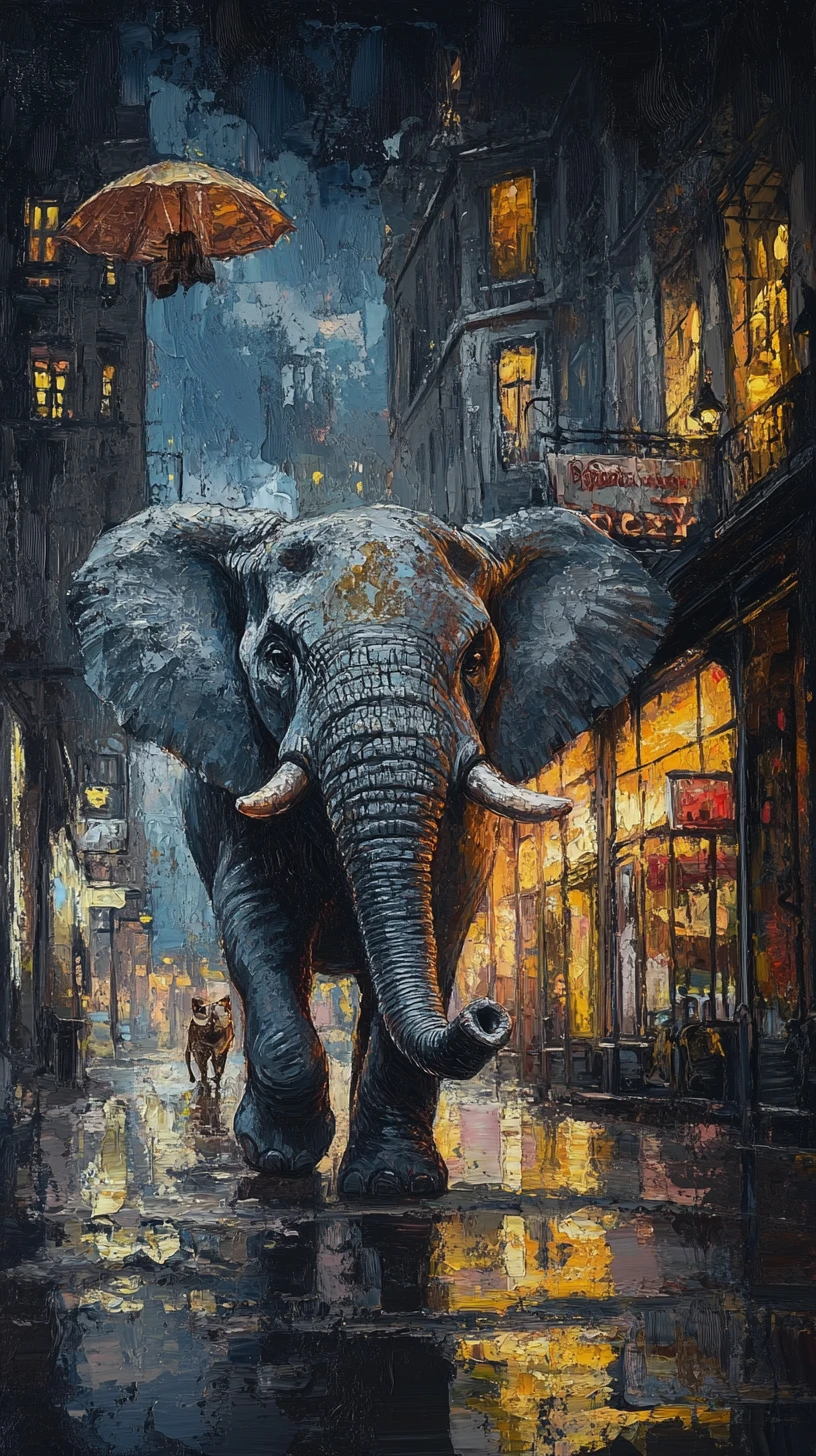 Elefante sorridente com macaco em uma cidade colorida à noite