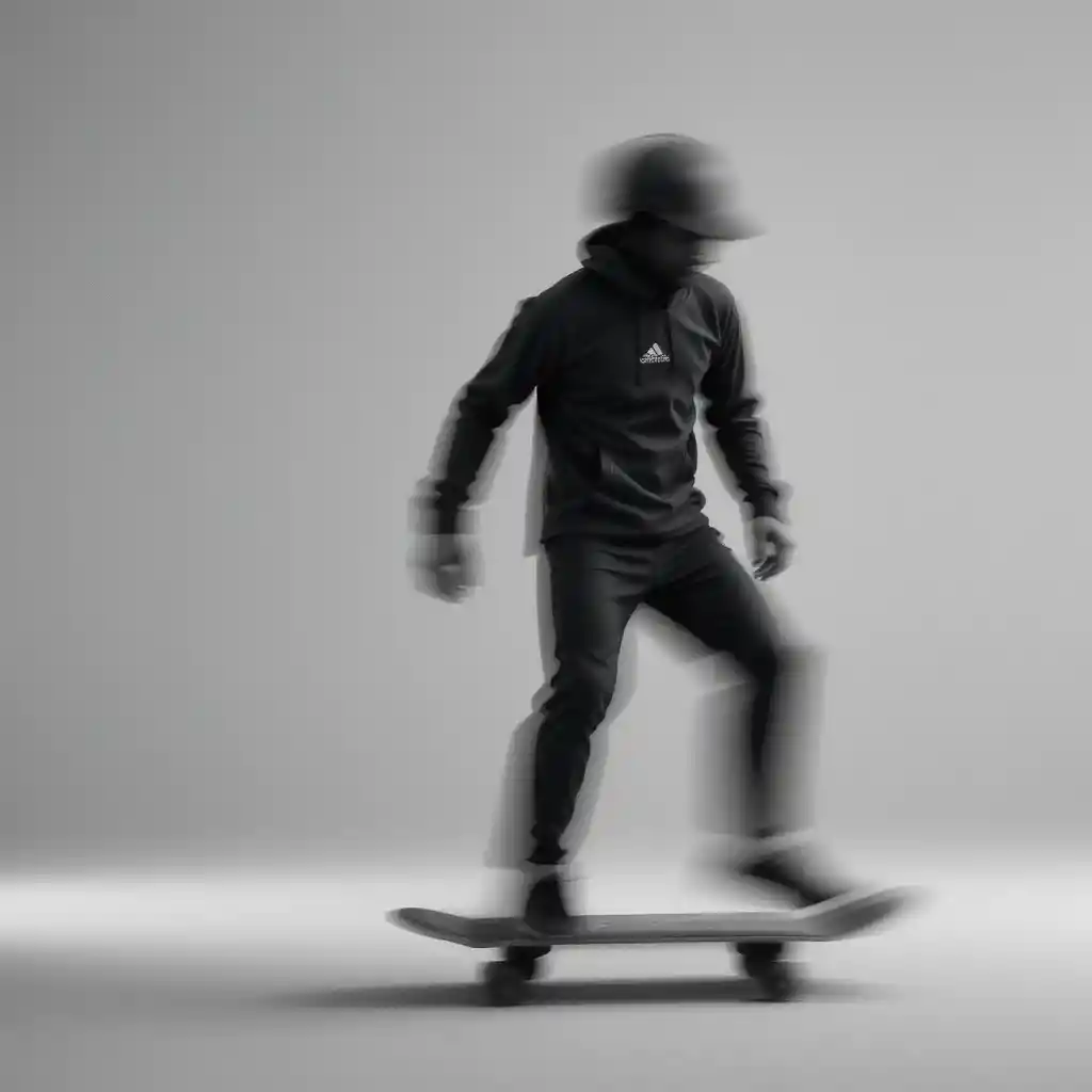 Blurred skateboarder in motion against a neutral abstract background