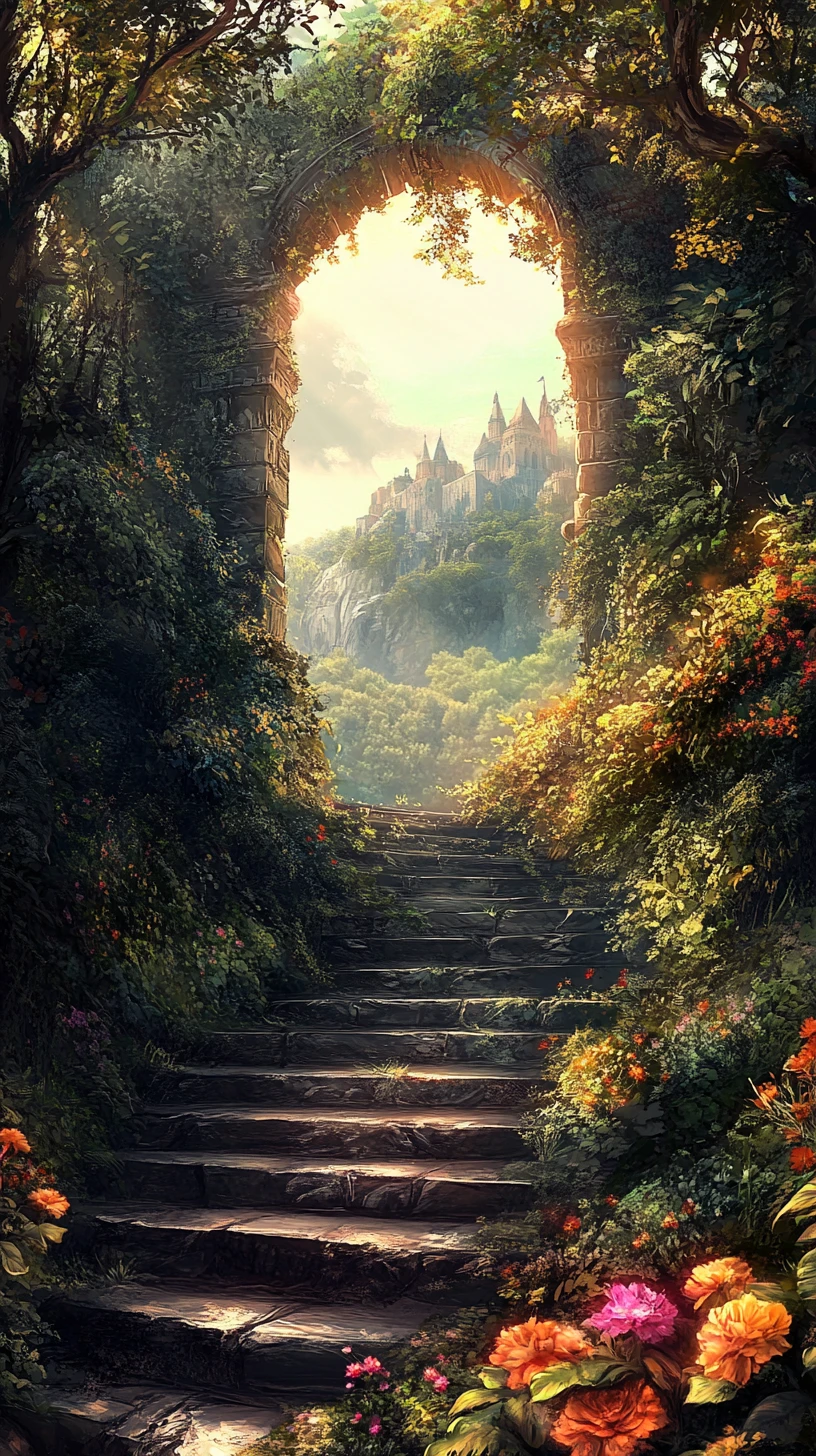 Fantastische Steintreppe zu einer fernen sonnenbeschienenen Burg