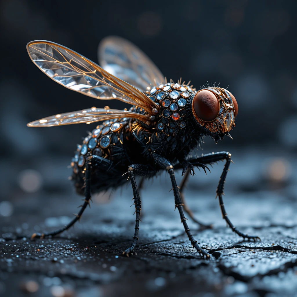 Mosca incrustada de joyas en macro sobre superficie oscura texturizada
