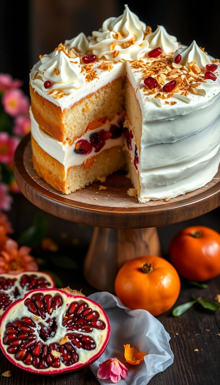 Layered cream cake with mandarins and pomegranate on table
