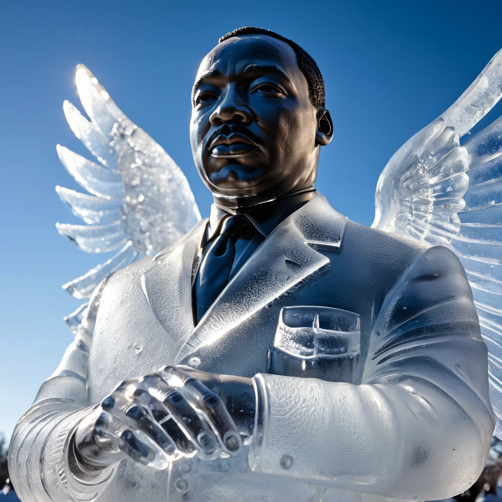Close-up de escultura de gelo transparente de um líder histórico
