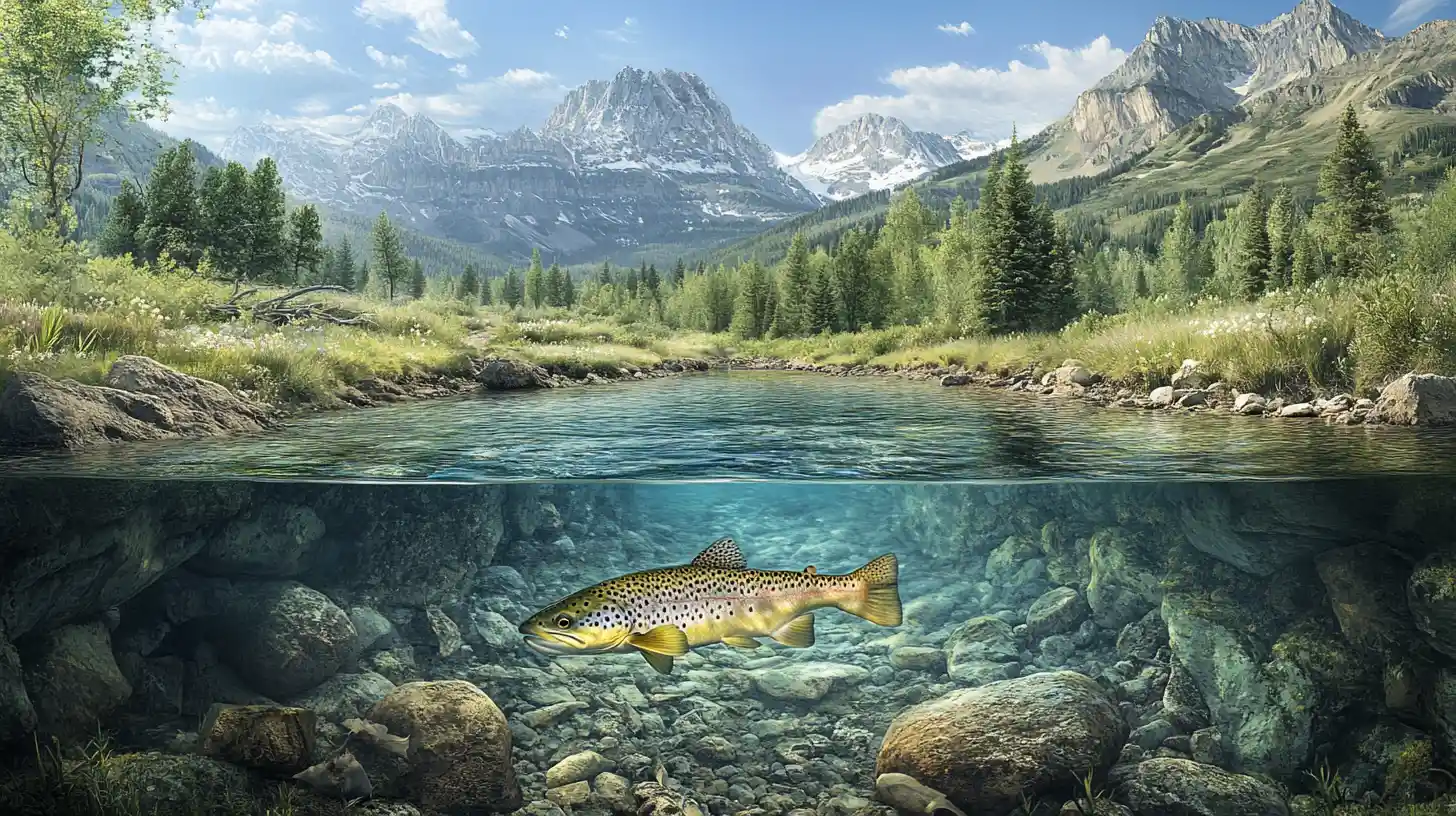 Trota di torrente di montagna che sale verso una effimera in superficie