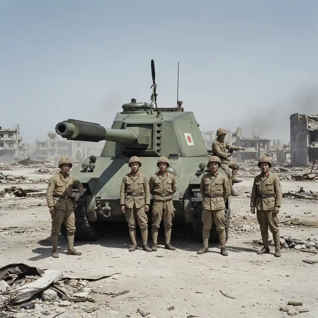 Tripulação japonesa de tanque pesado em paisagem de guerra arruinada