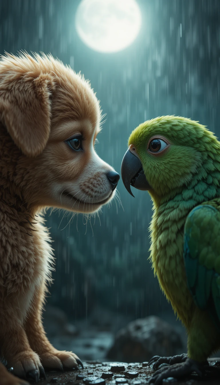 Puppy And Green Parrot In Emotional Moonlit Close Up