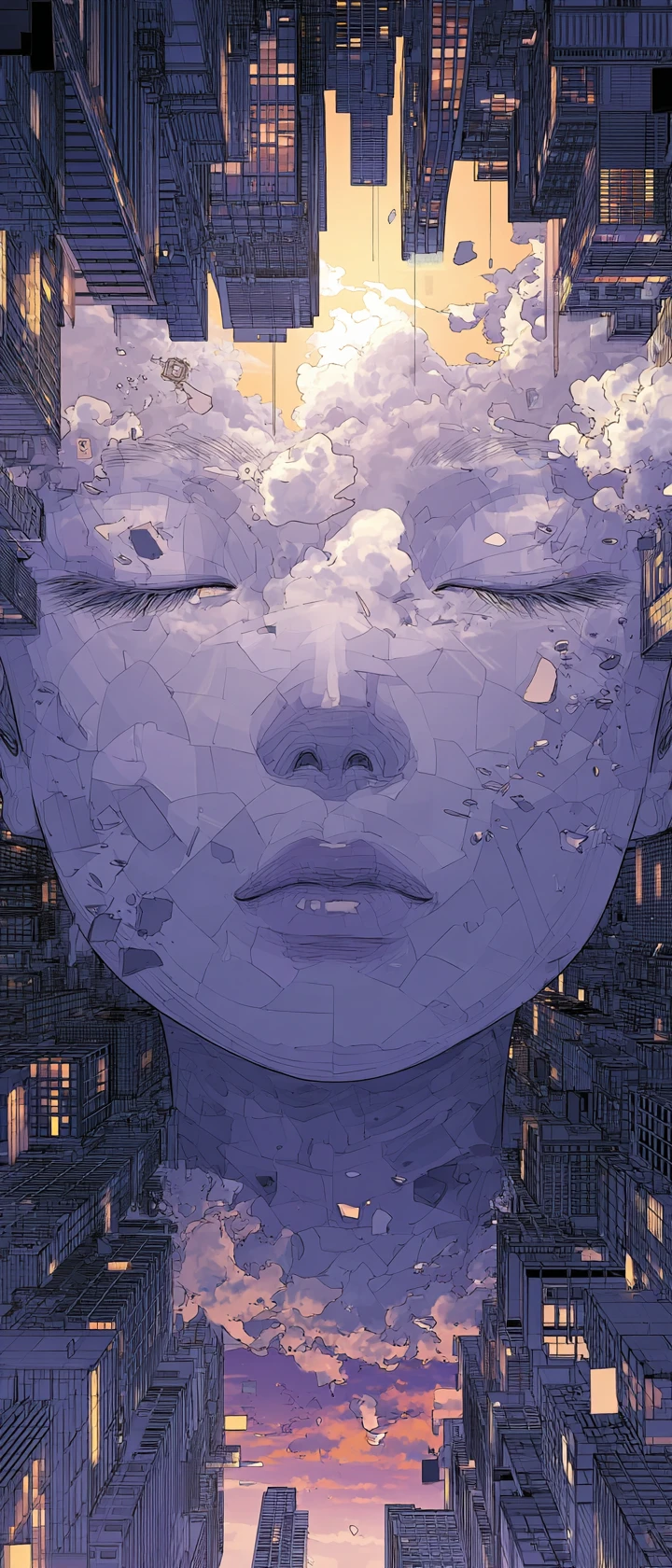 Androgynous face fused with inverted glowing city skyline