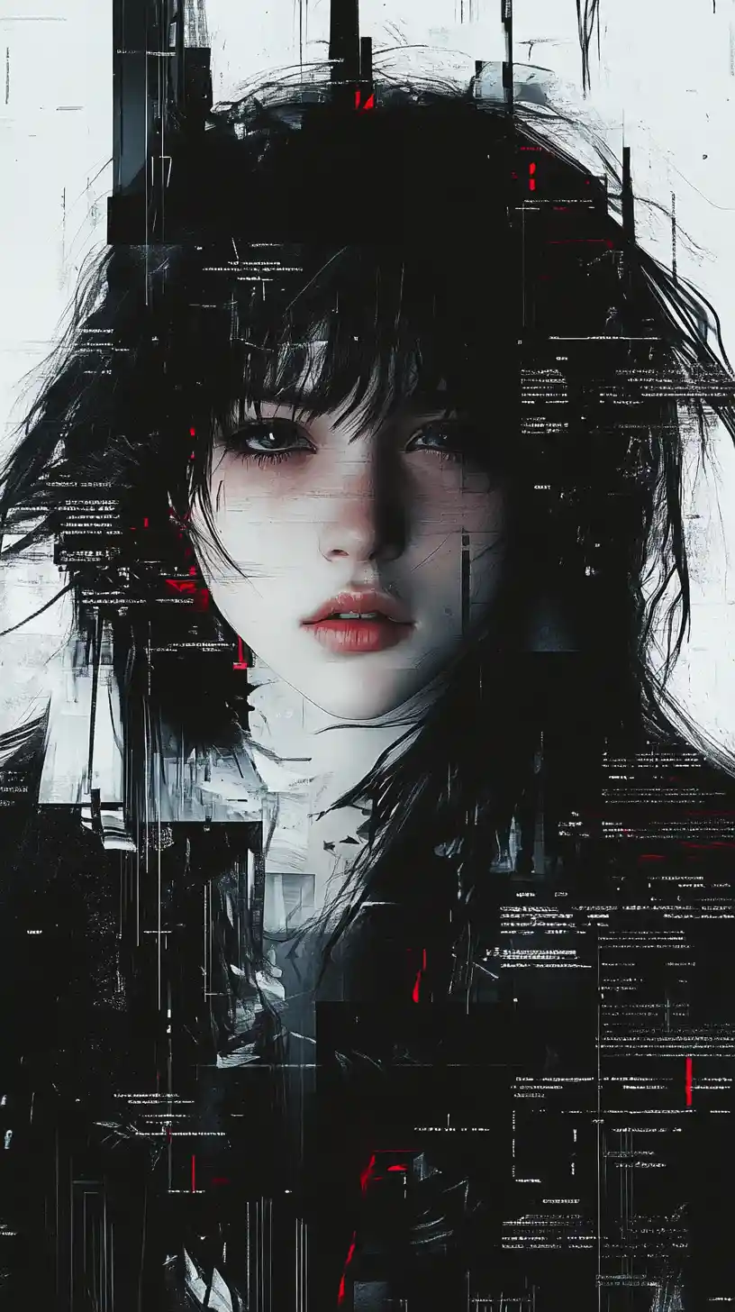Mulher de anime angustiada entre formas digitais fragmentadas e com falhas